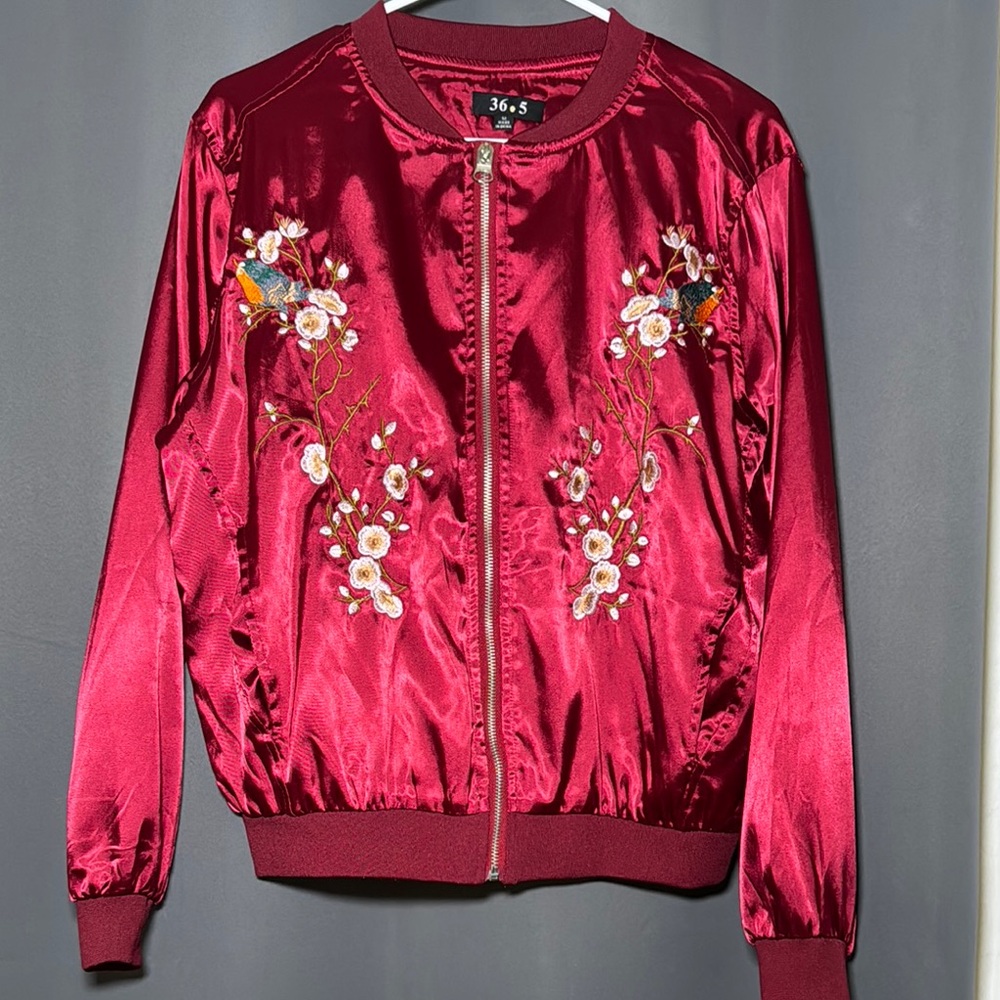 Embroidered Satin Bomber Jacket (NEVER WORN)- Red